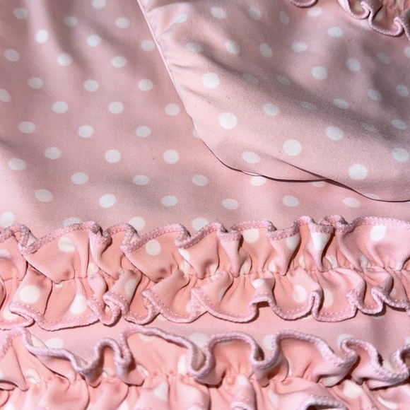 Ruffle Butts two-piece swimsuit. Size 7 children’s. Pink with white polka dots. - Picture 3 of 5